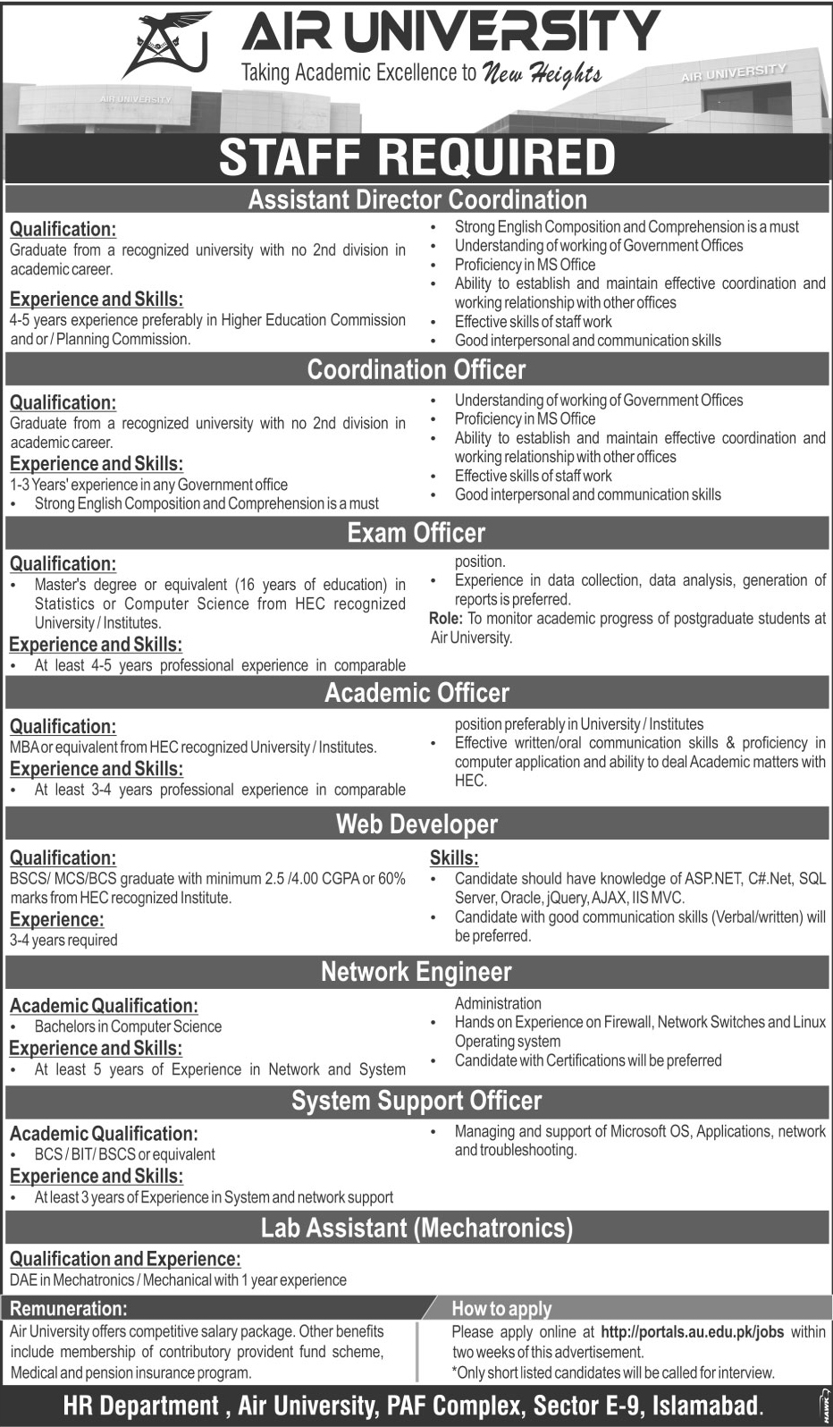 Air University Jobs 2017 for IT Staff, Admin, Coordination 